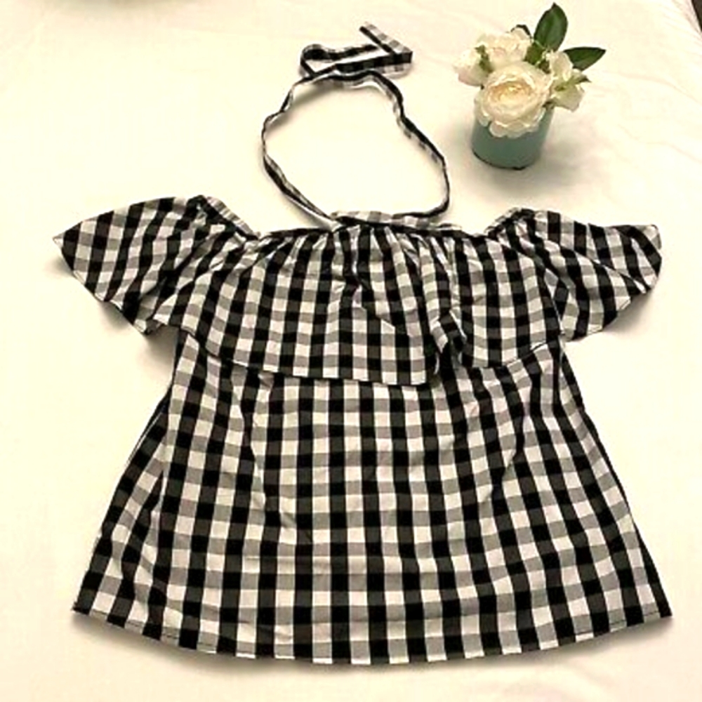 Who What Wear Off Shoulder Black & White Gingham Top - Size Medium